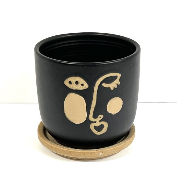 FACE Planter With Rosy Cheek Ceramic 4.5" Matte Black Flower Pot DRAINAGE Saucer - Picture 3 of 13